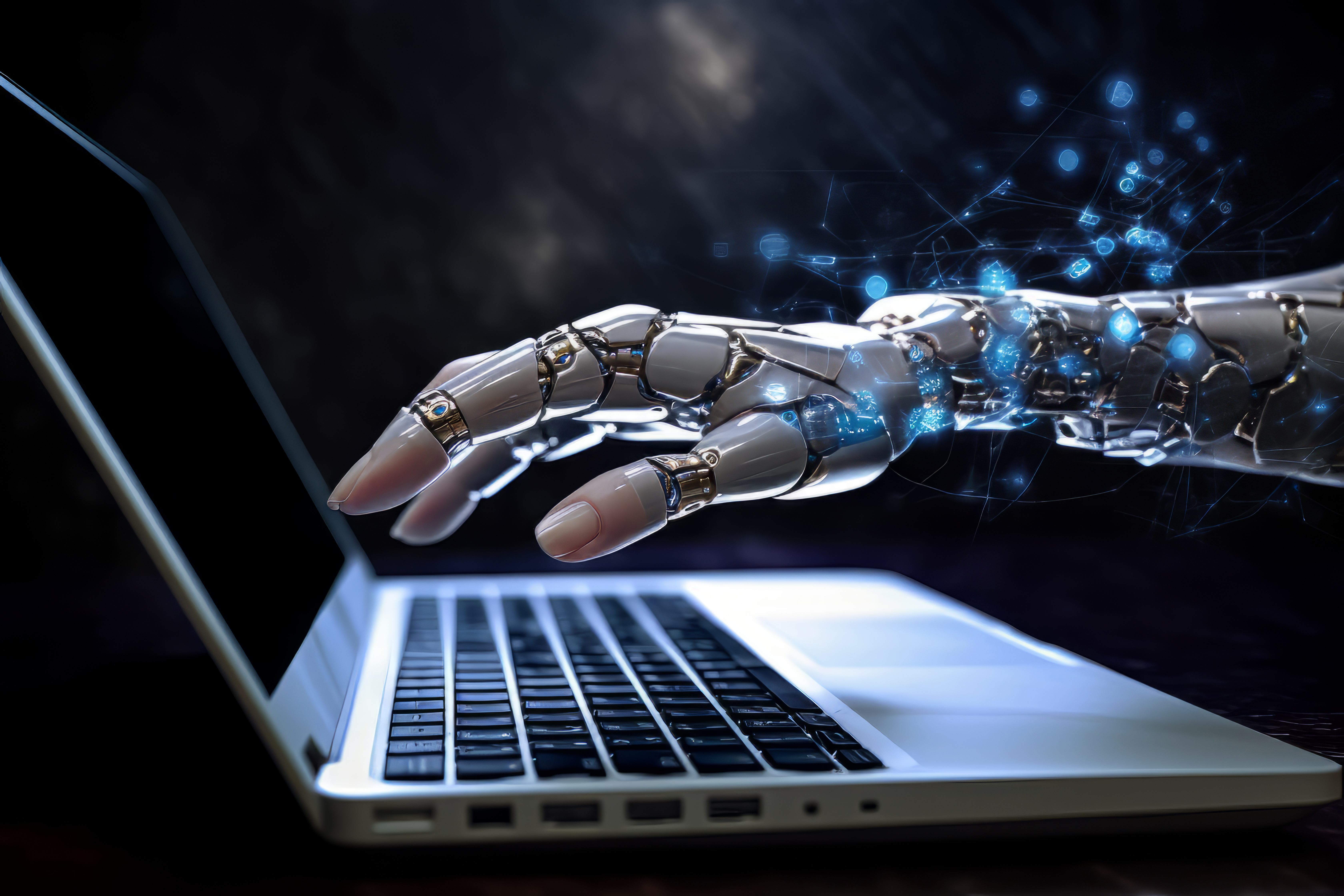 Mano futurista trabajando con un portátil, concepto IA